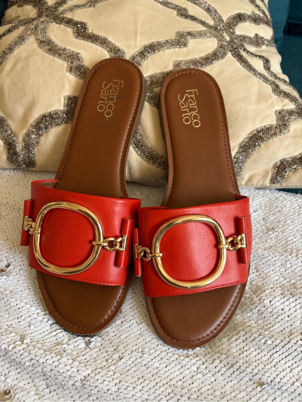 Franco Sarto Red Leather Slide Sandals with Gold Ring - Picture 3 of 5